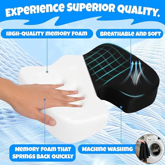 Ergonomic Seat Cushion with Memory Foam for Office Chair, Car Seat, Non-Slip Cushion, Sciatica & Tailbone Relief, Breathable Mesh Cover, Portable Handle - Black