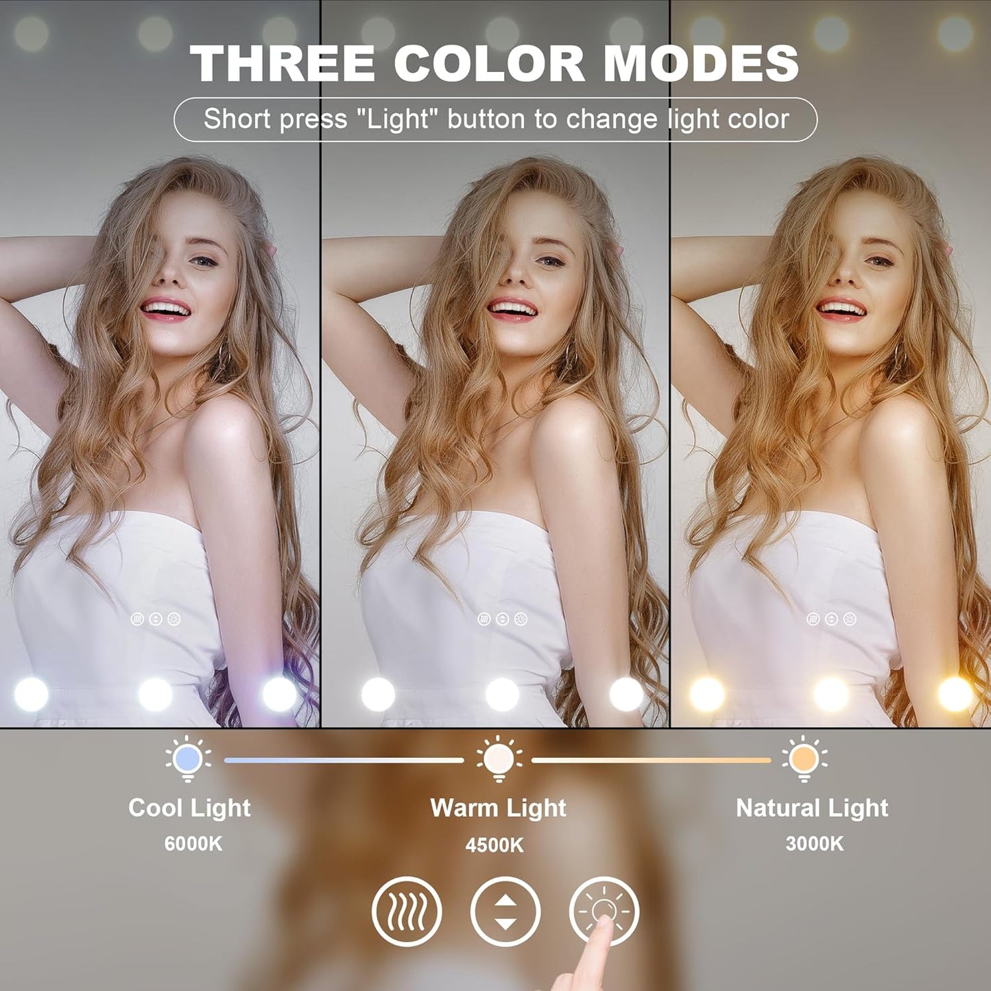 Hasipu LED Bathroom Mirror with Lights, 59" x 28" Hollywood Wall-Mounted Bathroom Mirror with 24 Dimmable Bulbs, 3 Colors Modes, Touch Control, Anti-Fog, Memory Function, Shatter-Proof, ETL Listed