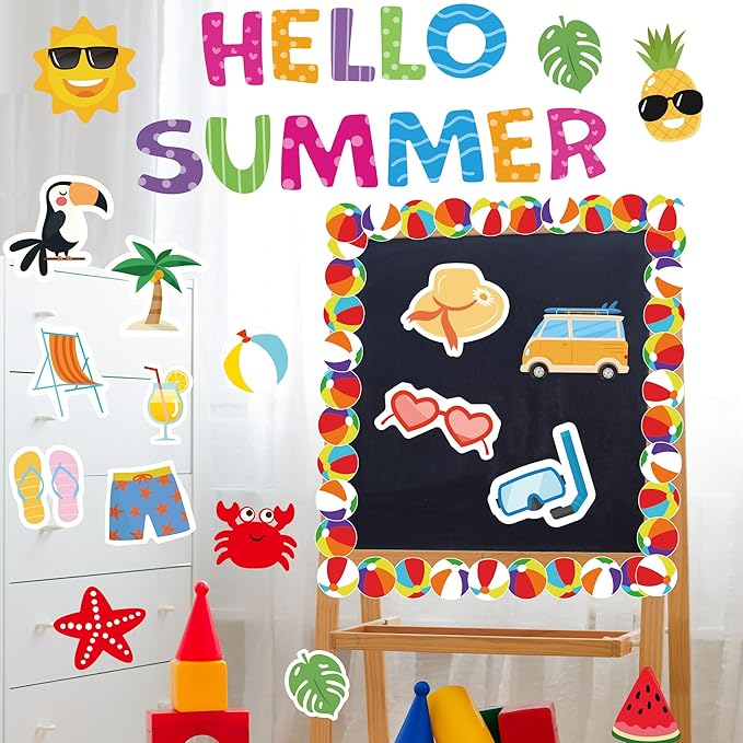 96Pcs Summer Cutouts Bulletin Board Decorations Set - Pool Beach Hawaiian Theme Cut Outs Ball Bulletin Board Border Decorations for Office School Classroom Teacher Supplies