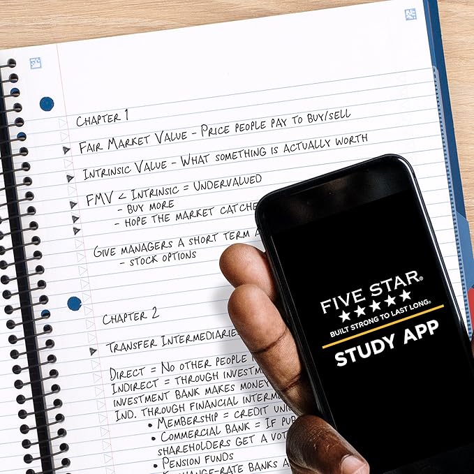 Five Star Advance Spiral Notebook + Study App, 5 Subject, College Ruled Paper, 8-1/2" x 11", 200 Sheets, Spiral Guard, Movable Tabbed Dividers, Pacific Blue (73150)