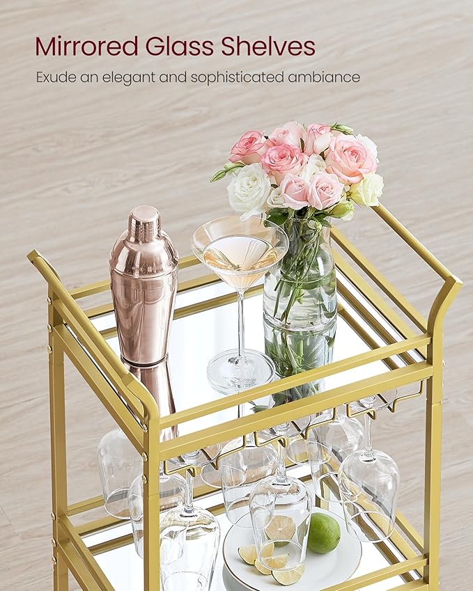 VASAGLE Bar Cart, Home Bar Serving Cart, Small Bar Serving Cart with 3-Tier Shelf, Wine Holders, Glass Holders, Mini Bar Cart for Small Spaces, Kitchen, Dining Room, Living Room, Pale Gold