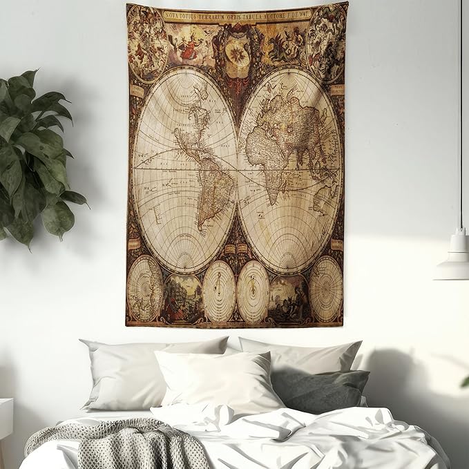 Ambesonne World Map Tapestry King Size, Old World Map Drawn in 1720s Nostalgic Style Art Historical Atlas Vintage Design, Wall Hanging Bedspread Bed Cover Wall Decor, 30" X 45", Multicolor