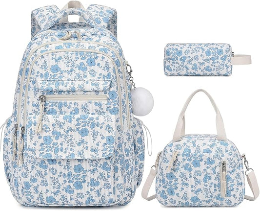 Bevalsa Backpack for Gilrs, 3PCS Corduroy Kids Backpack Set with Lunch Box & Pencil Pouch, Bookbag Daypack Laptop Bag for Women Teens Elementary Middle High School