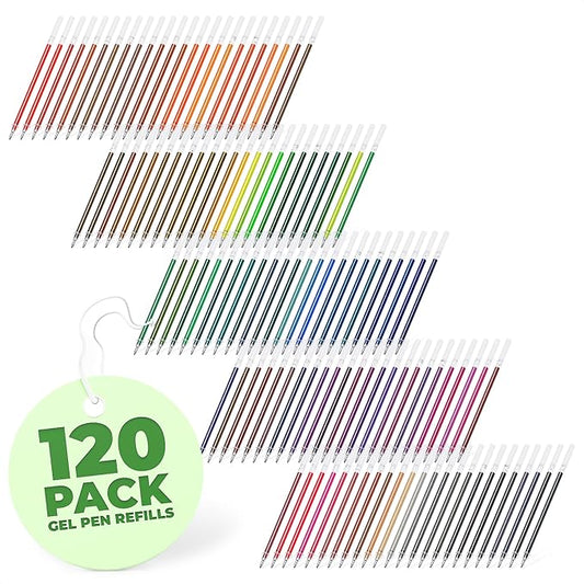 120 Pcs Glitter Gel Pen Refills for Adult Coloring - Colored Gel Pens Refills, 0.8-1.0 mm Thick Line, Good for Coloring, DIY, Scrapbook, Card & Decor - Pastel, Metal, Neon & Glitter Colors