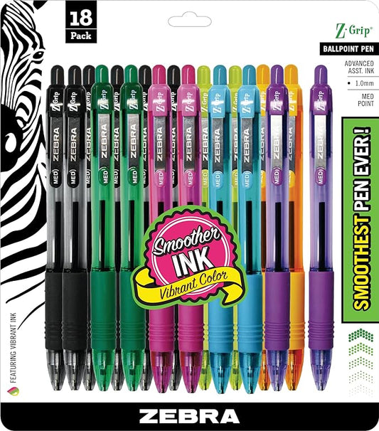 Zebra Pen Z-Grip Retractable Ballpoint Pen, Smooth-Flowing Assorted Fashion Colors, 1.0mm Medium Point, School & Office Supplies, Ideal for Note-Taking, Journal and Planner Use, 18-Pack (22208)