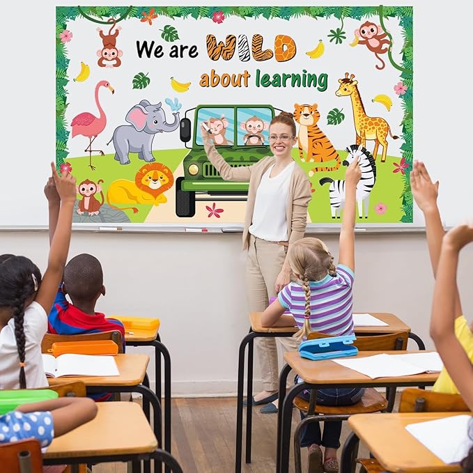 72PCS We Are Wild About Learning Bulletin Board Set Jungle Animals Truck Classroom Decoration Wild Monkey Elephant Safari Paper Cutouts for Teacher Summer Back to School Chalkboard Wall Decor Supplies