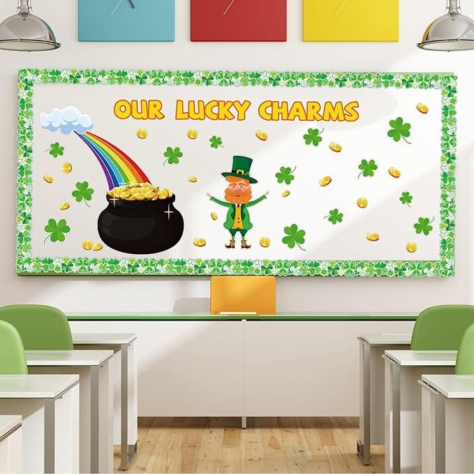 St. Patrick’s Day Bulletin Board Set, St. Patrick’s Shamrocks Cutouts Border Clover Leprechaun Rainbow Pot of Gold Classroom Decorations for School Chalkboard Wall Window Party Decor Supplies