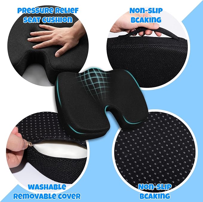 Ergonomic Seat Cushion with Memory Foam for Office Chair, Car Seat, Non-Slip Cushion, Sciatica & Tailbone Relief, Breathable Mesh Cover, Portable Handle - Black