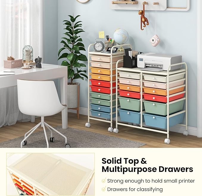 COSTWAY 12-Drawer Rolling Storage Cart, Moveable Art Craft Organizer W/Lockable Wheels, Metal Shelf, Files Arrangement Tools Makeup Storage Cart for Office, Home, School, Macaron