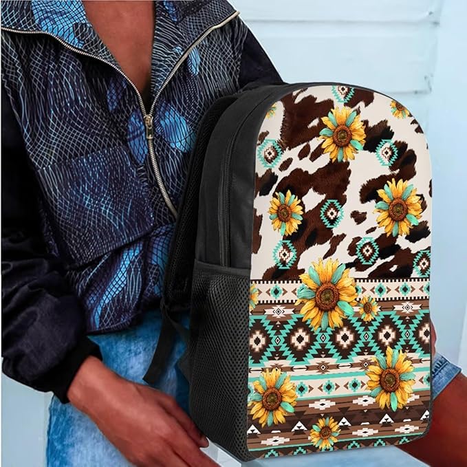 CLOHOMIN Aztec Cow Print Backpack with Lunchbox Age 5th Grade/6th Grade 3 in 1 Middle School Book Bags with Pencil Case Lunch Bag Set Sunflowers School Bag for Kids Boys Girls 9-10