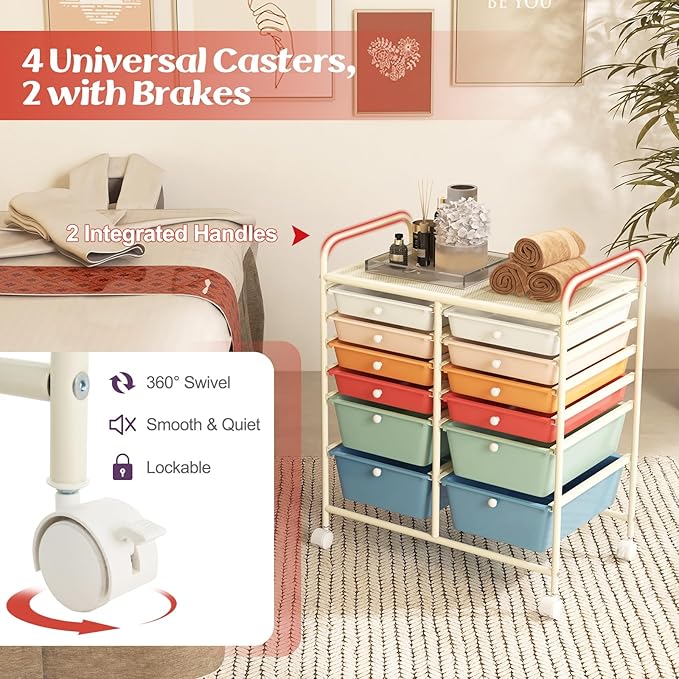 COSTWAY 12-Drawer Rolling Storage Cart, Moveable Art Craft Organizer W/Lockable Wheels, Metal Shelf, Files Arrangement Tools Makeup Storage Cart for Office, Home, School, Macaron