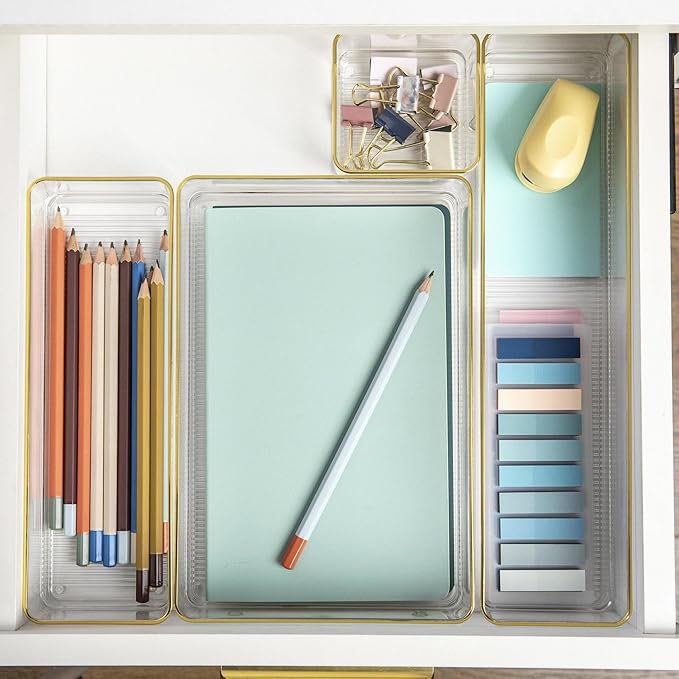 Martha Stewart Kerry Plastic Stackable Office Desk Drawer Organizers, Set of 8, with Gold Trim