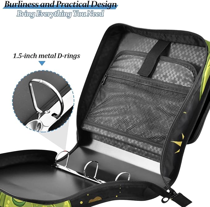 3 Ring Zipper Binder with Shoulder Strap Mystical Green Moon Moth Boho 1.5 inch Binders Keeper Large Capacity Multi Pockets for School Office Supplies