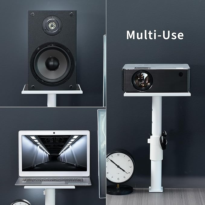 VIVO Clamp-on Speaker Stand Desk Mount Set, 10 x 9 inch Trays, Height Adjustment and Tilt, Universal Audio Holders for Computer and Bookshelf Speakers, Elevated Sound, 2 Pack, White, MOUNT-SP01CW