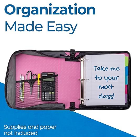Case-it Universal Zipper Binder | 2-Inch O-Rings, 13-Inch Laptop/Tablet Padded Pocket, 400 Sheet Capacity, Multiple Storage Pockets & Shoulder Strap | School & Office Organizer | LT-007 Light Pink