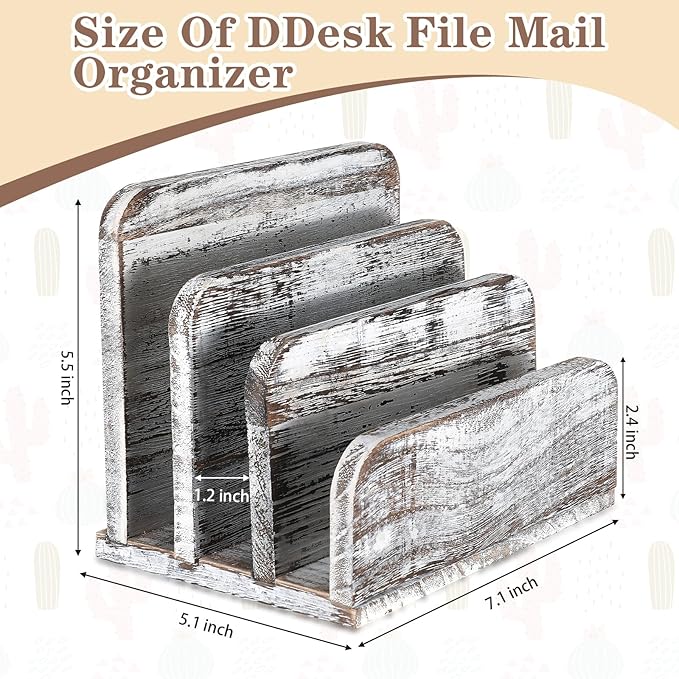 Wooden Mail Holder 3 Slots Mail Organizer for Desk Wood File Paper Letter Sorter for Letter Envelope Filing Cell Phone Document Storage, Organizer Tray for Office and Home (Old White)