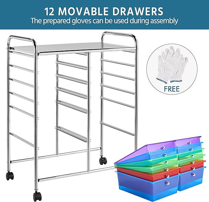 Yaheetech 12 Drawers Rolling Storage Cart Multipurpose Movable Organizer Cart Tools Scrapbook Paper Organizer on Wheels, Multicolor
