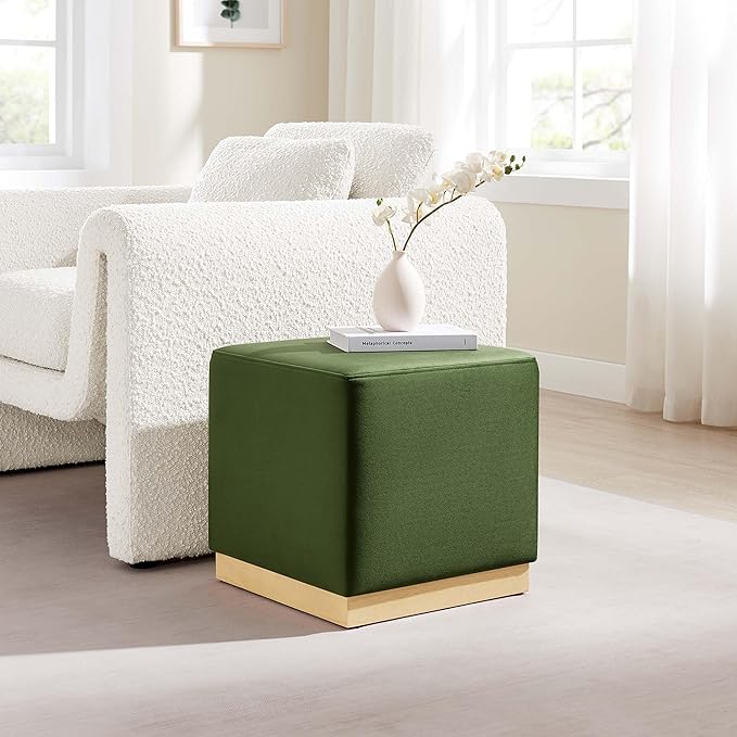 Modway Tilden 17 Inch Square Performance Velvet Upholstered Ottoman in Moss Green Natural - Small Ottoman Foot Rest with Rubberwood Plinth Base - Living Room Ottoman Side Table,