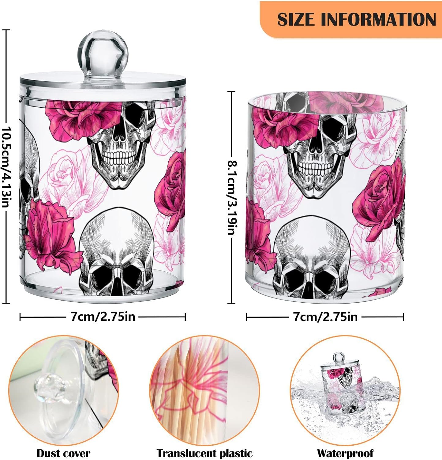 2 Pack Qtip Holder Dispenser Skull Rose Flower Bathroom Storage Canister Lid Acrylic Plastic Apothecary Jar Set Vanity Makeup Organizer for Cotton Swab/Ball/Round Pads, Floss