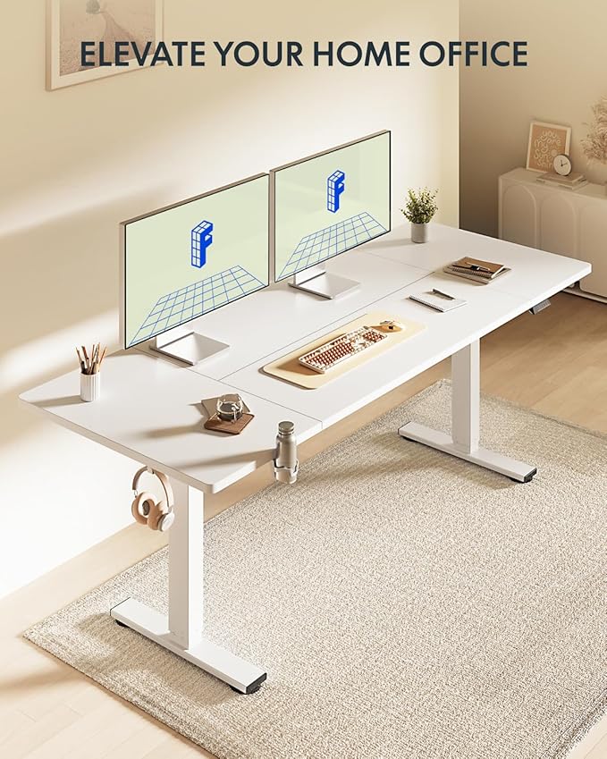 FLEXISPOT 63x32 Inch Electric Large Standing Desk for Home & Office, Spacious Splice Board Desk with Cable Management & Organizer, Cup Holder & Hook, White