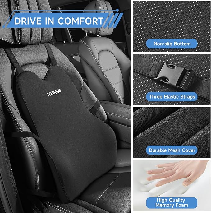Lumbar Support Pillow for Car Truck Accessories Memory Foam Back Cushion for Driving Seat Lower Back Support, Lumbar Comfort for Long Drivvers Back Pain Relief, with Three Adjustable Straps Black