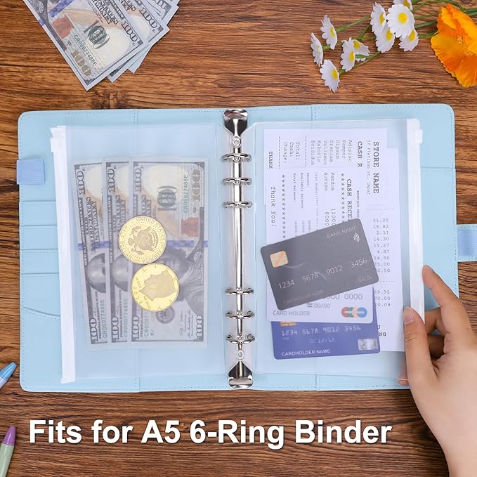 Antner 20pcs A5 Binder Pockets 6-Hole Budget Planner Inserts Cash Stuffing Envelopes for Money Organizer, White Zipper Pouch Folders Waterproof PVC Loose Leaf Filling Bags for A5 6-Ring Savings Binder
