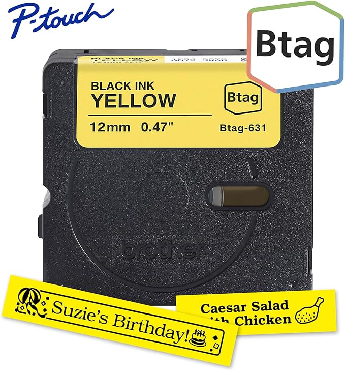 Brother Genuine P-Touch Btag BTAG631 Black on Yellow Label Tape ~1/2in by 13.1ft (12mm x 4m) (Works Only with Brother PT-N10, PT-N20, PT-N25BT Label Makers)