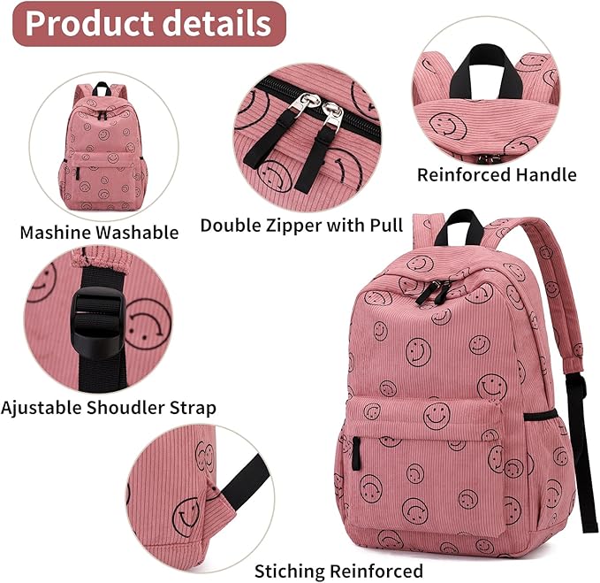 Backpack for Girls Boy Teen Corduroy Bookbags Elementary Middle High School Women Laptop Bag with Lunch Box Pencil Bag (Smile Pink)