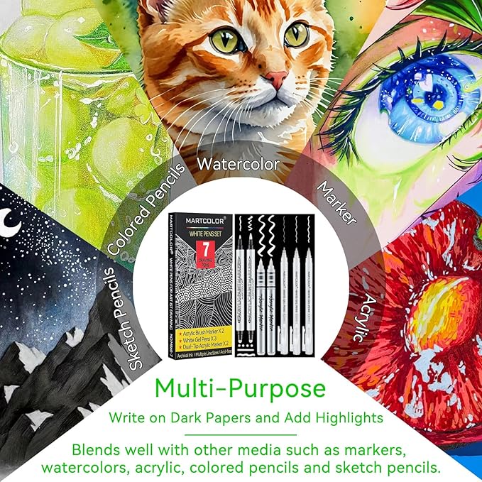 White Pens Set, 05/08/10mm Assorted Tip Opaque White Gel Pens Dual-Tip Acrylic Paint Pen Brush Tip Acrylic Markers for Black Paper Drawing, Sketching, Illustration, Card Making, 7 Pack