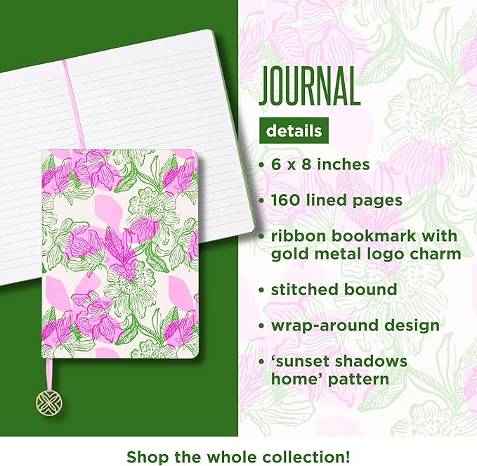 Lilly Pulitzer Journal with Charm Bookmark, Hardcover Lined Notebook with 160 Pages, 6" x 8" (Sunset Shadows Home)