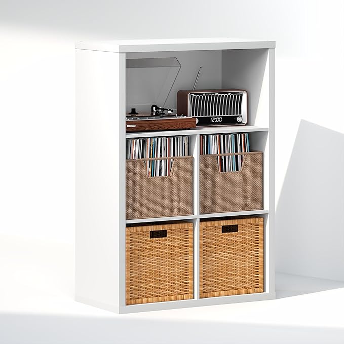 Furinno Cubicle Record Player Stand with Vinyl Storage, 5-Cube 1.2 Extra Thick Vinyl Record Storage, Open Back Media Shelf for CD DVD Blueray Game Disc, for Living Room, Home Office, White