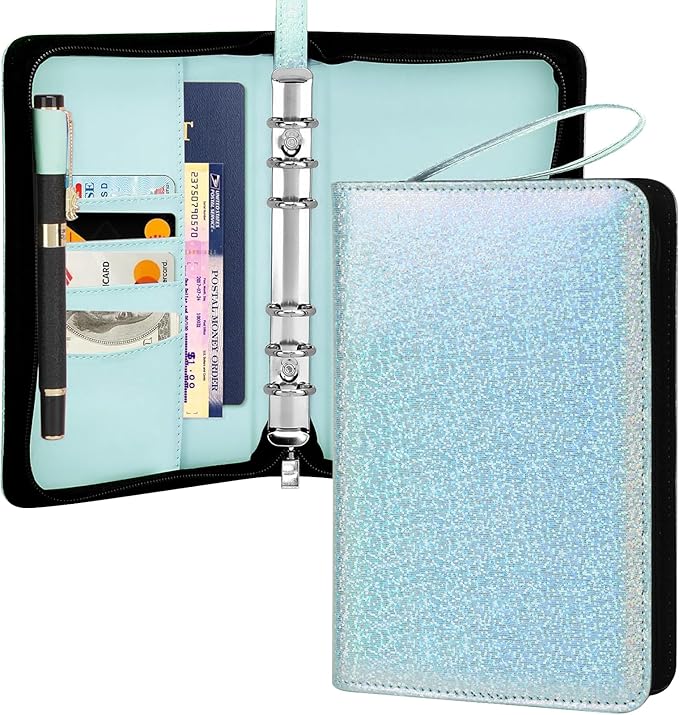 Toplive A6 Budget Binder with Zipper, 6 Ring Refillable Planner Binder Cover for A6 Cash Budget System, PU Leather Personal Organizer Personal Wallet, Glitter Blue