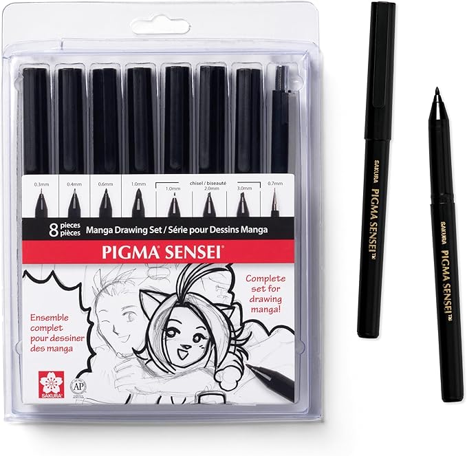 SAKURA 50204 8-Piece Pigma Sensei Manga Drawing Kit, Black