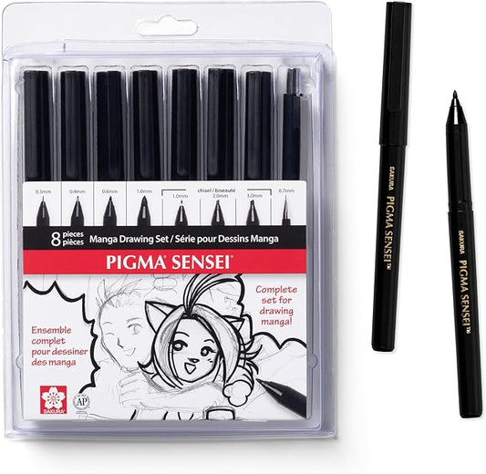 SAKURA 50204 8-Piece Pigma Sensei Manga Drawing Kit, Black