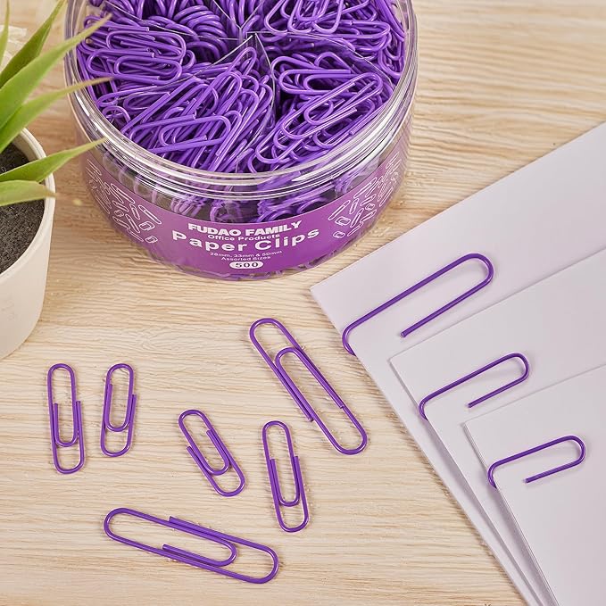 FUDAO FAMILY 500pcs Purple Paper Clips Assorted Sizes, Small, Medium and Large（1.1inch, 1.3inch and 2inch Paper Clips, Vinyl Coated Paperclips for Office, School, Home Supplies