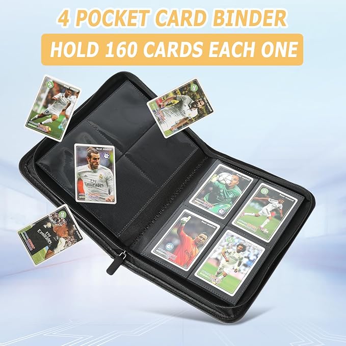 Trading Card Binder 4 Pocket, GERMUN PU Cover Card Binder for 160 Cards, Premium Trading Card Holder Folders, Double Sided Pocket Card Album for MTG, TCG (Black)
