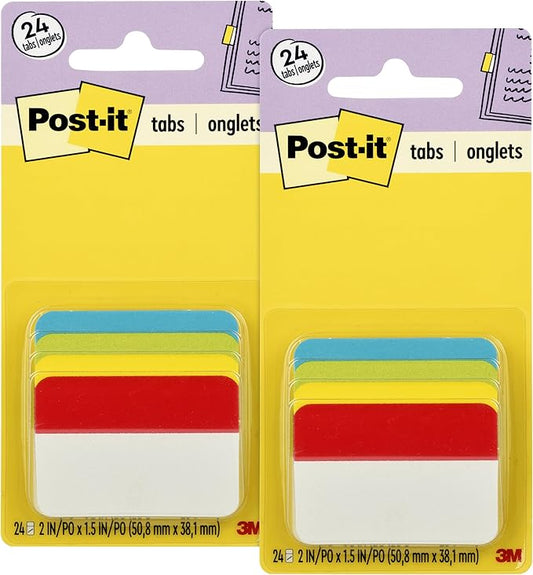 Post-it Tabs, 2 in Angled Solid, Assorted Primary Colors, 6 Tabs/Color, 4 Colors, 24 Tabs/Pack (686A-ALYR) (Pack of 2)