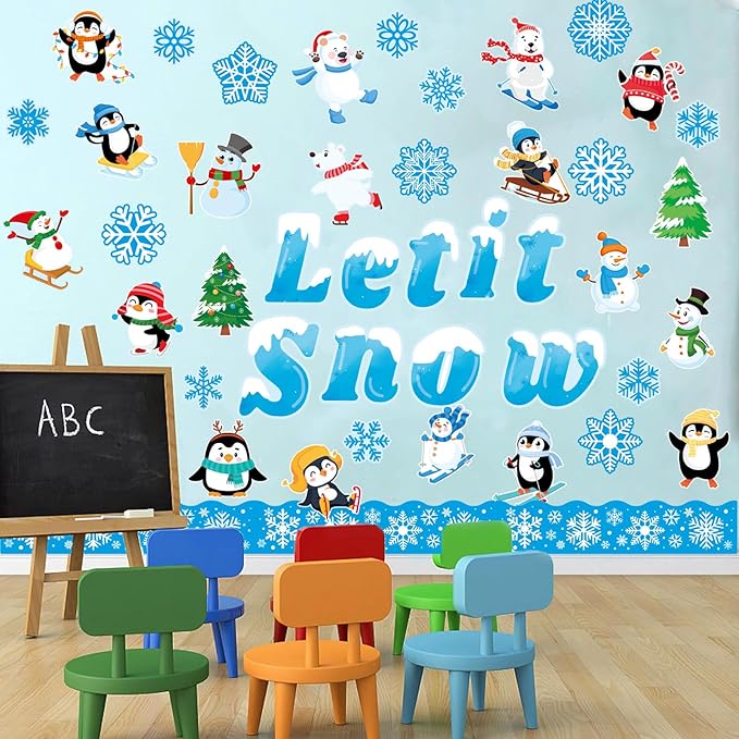 69 Pcs Winter Bulletin Board Decorations Set - Let It Snow Penguin Snowflake Cutouts Christmas Bulletin Board Border Decor for Xmas Holiday School Classroom Party Supplies