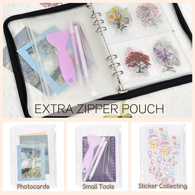 5-in-1 Sticker Organizer Book Reusable A5 Storage Binder with 220 Pockets,10 Release Papers, Zipper Album Sticker Collecting Display Keeper (Black)