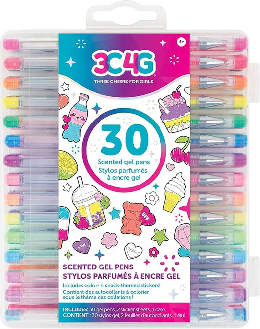 3C4G: 30 Scented Gel Pens - w/ 2 Color-in Snack Themed Sticker Sheets, 30 Different Vibrant Colors, Writing & Drawing, Three Cheers for Girls, Ages 6+