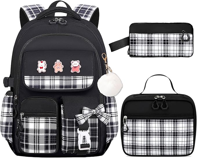 3PCS Girls Backpack Set for School - Cute Kids Bookbag with Lunch Box & Pencil Case, Stylish Backpack Combo for Girls Preschool Elementary Middle High School Students Teens Black