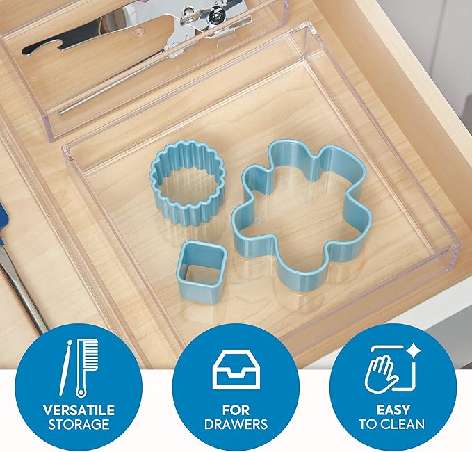 iDesign Clear Drawer Organizer, 8" x 8" x 2" | Pack of 2 | For Silverware | Kitchen Storage | Clarity Collection