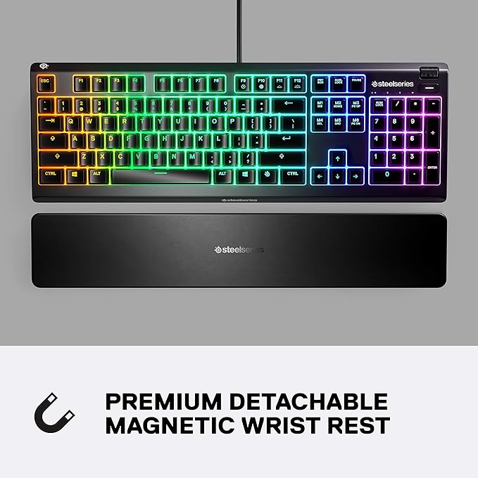 SteelSeries Apex 3 RGB Gaming Keyboard – 10-Zone RGB Illumination – IP32 Water Resistant – Premium Magnetic Wrist Rest (Whisper Quiet Gaming Switch) (Renewed)