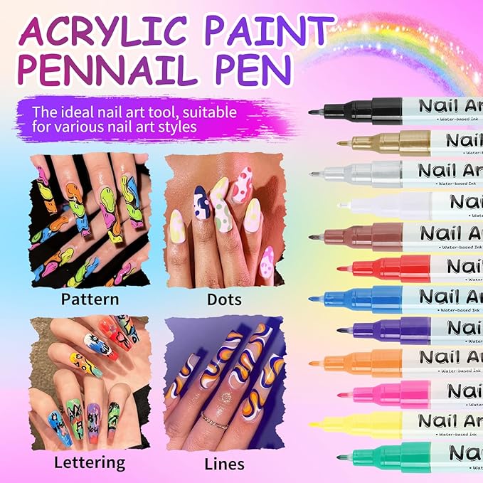 24 Colors Nail Art Pens Set，0.5 MM Nail Polish Pens Set Drawing Painting Point Liner Acrylic Painted Pen Graffiti Nail Dotting Pen Liner Brush for DIY Nail Art Beauty Adorn Manicure Tools