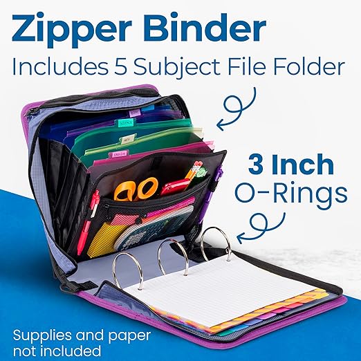Case-it Mighty Zip Tab School Zipper Binder | 3-Inch O-Rings, 600-Sheet Capacity, 5-Subject Expanding File Folder, Multiple Pockets & Storage Organizer, Shoulder Strap | D-146 Morning Flowers