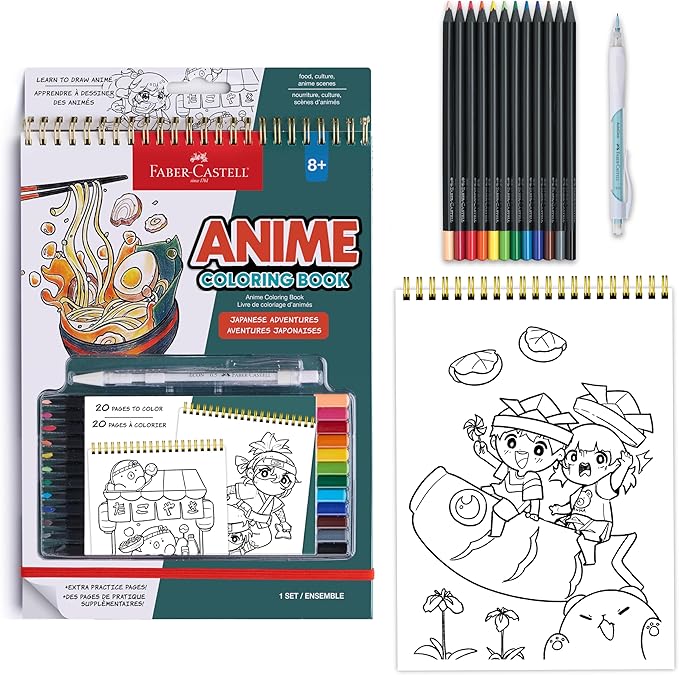 Faber-Castell Anime Drawing Kit: Japanese Adventures Edition | Step-by-Step Instruction Book with 20 Practice Pages, Color Pencil Set & Drawing Supplies for Kids, Easter Basket Stuffers (1 Book)