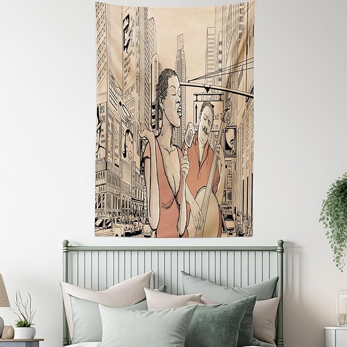 Ambesonne Jazz Music Tapestry, Singer Double-Bass Player in a Street of New York Urban Lifestyle Image, Fabric Wall Hanging Decor for Bedroom Living Room Dorm, 30" X 45", Brown Beige