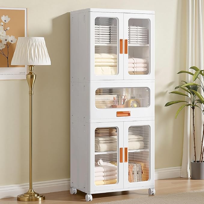 VECELO 226QT Stackable Storage Bins with Lids, Large Storage Cabinet with Drawer and Doors, Movable Wheels, Adjustable Shelves, Anti-Tip, for Living Room, Bedroom, Kitchen, White