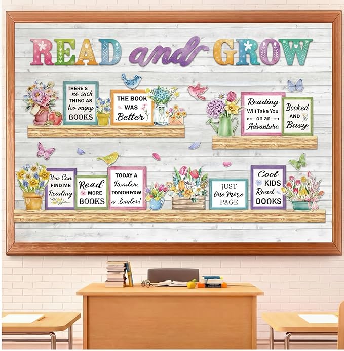 Qilery Read and Grow Spring Bulletin Board Set Classroom Decorations - Floral Book Cutouts for Reading Corner Library - Motivational Literacy Wall Art for Elementary School Teachers & Counselors