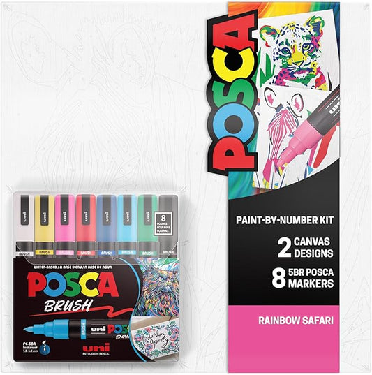 POSCA Canvas Paint by Number Kit, Rainbow Safari - 8 Markers with 2 Pre-Drawn Canvases - For All Artists and Holiday Gifting